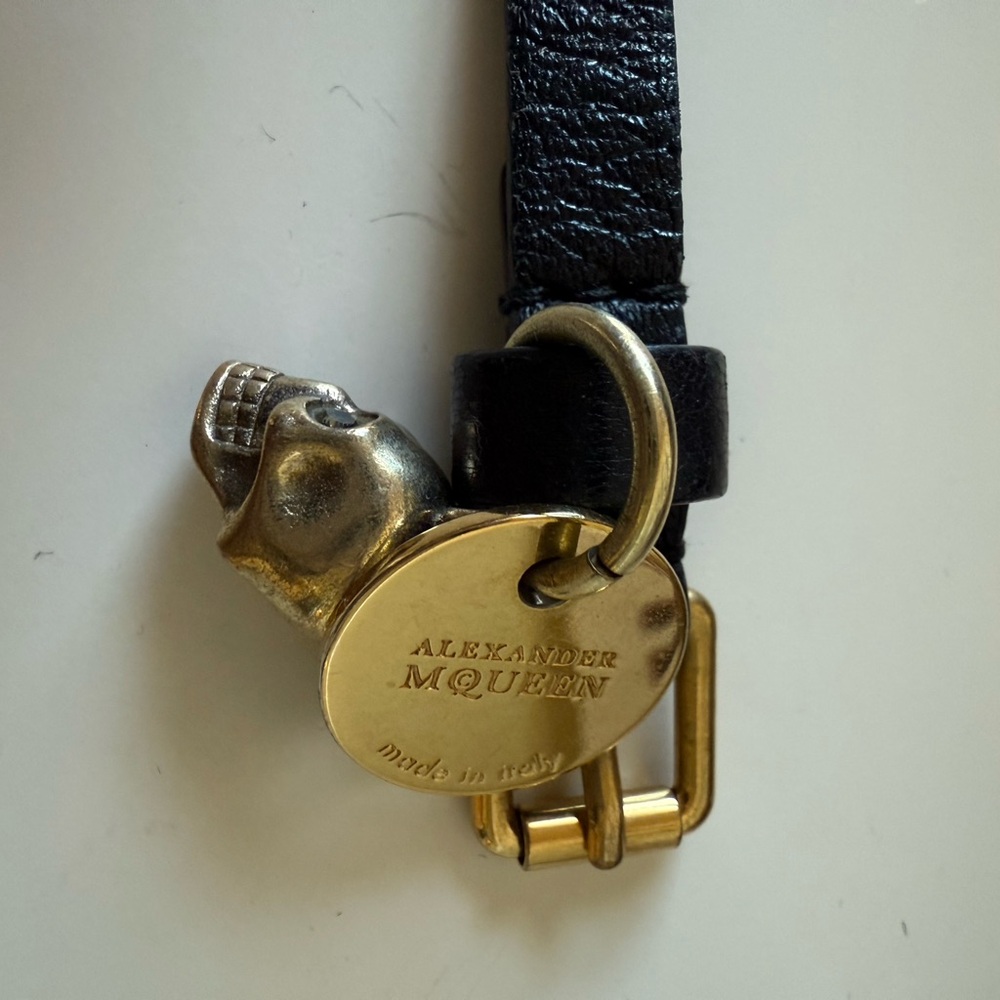 Alexander McQueen black leather wrap bracelet with skull charm